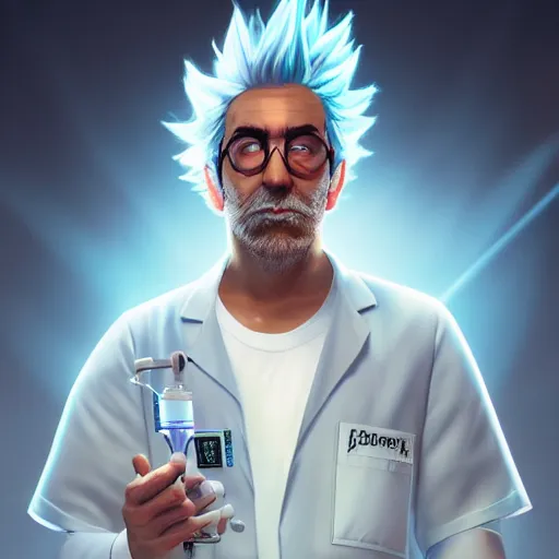 Image similar to portrait of rick sanchez, lab coat and tee shirt, lens flare, atmosphere, glow, detailed, intricate, full of colour, cinematic lighting, trending on artstation, 4 k, hyperrealistic, focused, extreme details, unreal engine 5, cinematic, masterpiece