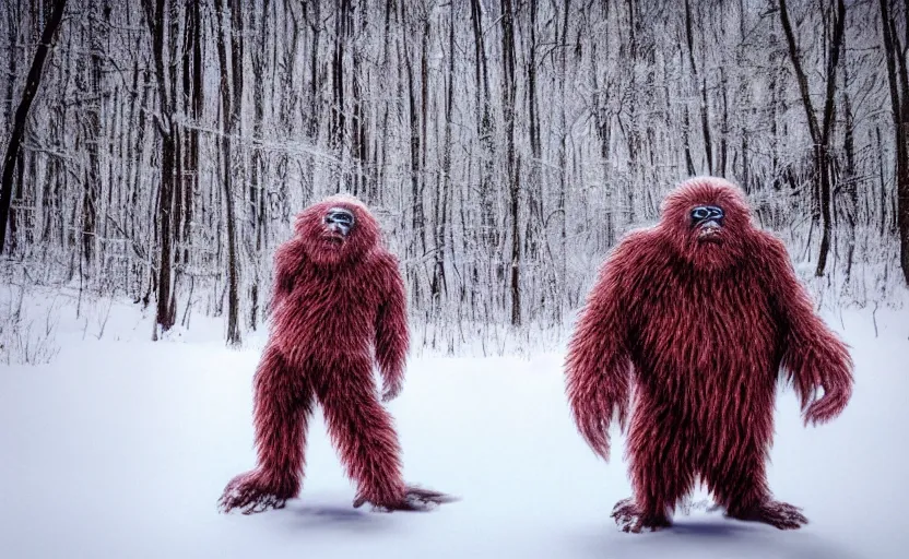 Image similar to hyperrealistic photograph of a yeti with glowing red eyes full body in snow covered woods