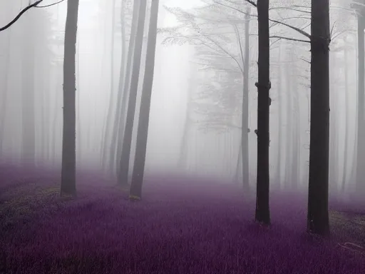 Image similar to a misty forest, futuresynth design, dark purple color scheme, 4 k