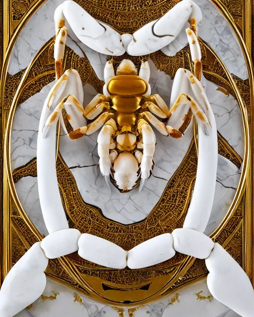 Image similar to symmetry, white marble, white marble bas relief sculpture, white pottery with gold kintsugi, feminine shapes, crabs, spiders, scorpions, tarantulas, stunning, highly detailed, intricately detailed, art nuevo, octane, 8 k, hdr, art by hr geiger and ridley scott and alphonse mucha, trending on artstation