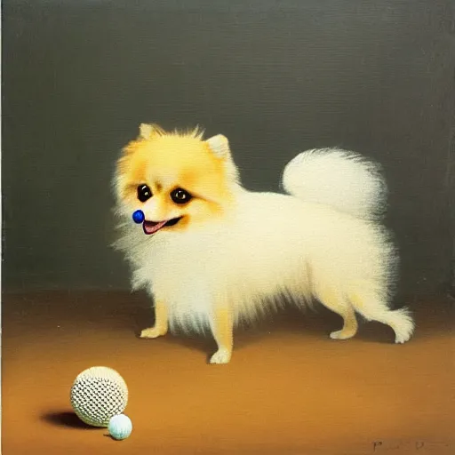 Prompt: Pomeranian dog with tiny tennis ball in his mouth, standing at the edge of a giant void, numbers flying all around him, oil painting