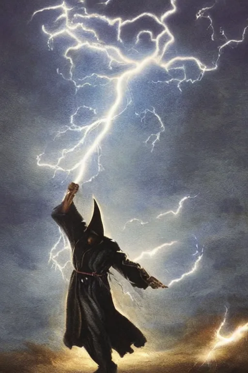 Image similar to wizard holding a sword that’s getting shocked by lightning towards the sky