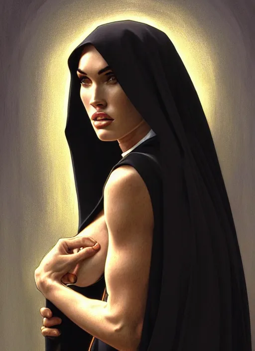 Image similar to portrait of megan fox as a sultry nun, catholic, church, bible, christian, intricate, headshot, highly detailed, digital painting, artstation, concept art, sharp focus, cinematic lighting, illustration, art by artgerm and greg rutkowski, alphonse mucha, cgsociety