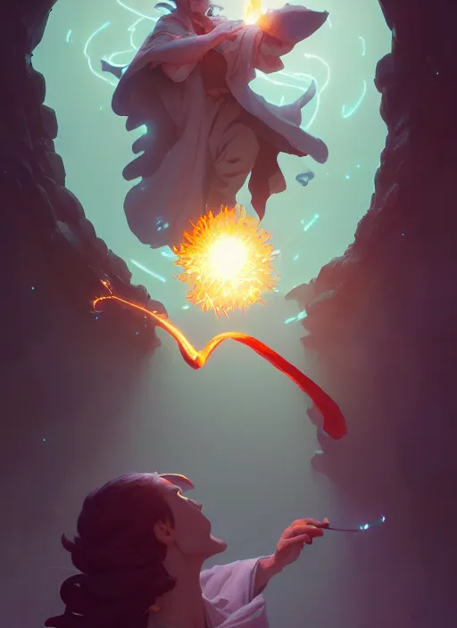 Image similar to highly detailed vfx portrait of a mage casting a light spell, unreal engine, greg rutkowski, loish, rhads, beeple, makoto shinkai and lois van baarle, ilya kuvshinov, rossdraws, tom bagshaw, alphonse mucha, global illumination, detailed and intricate environment