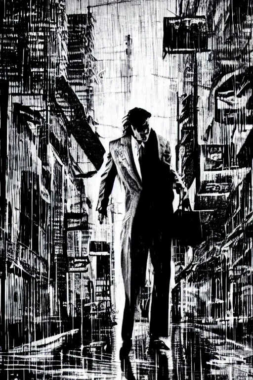 Image similar to black and white illustration of Patrick Bateman in a rainy street, neo noir style, Frank Miller creative design, body horror