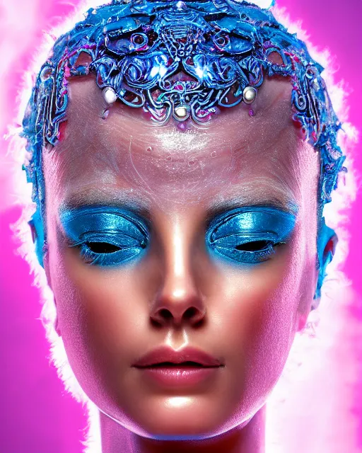 Image similar to natural light, soft focus portrait of an android with soft synthetic pink skin, blue bioluminescent plastics, smooth shiny metal, elaborate ornate head piece, piercings, skin textures, by annie liebovotz, paul lehr