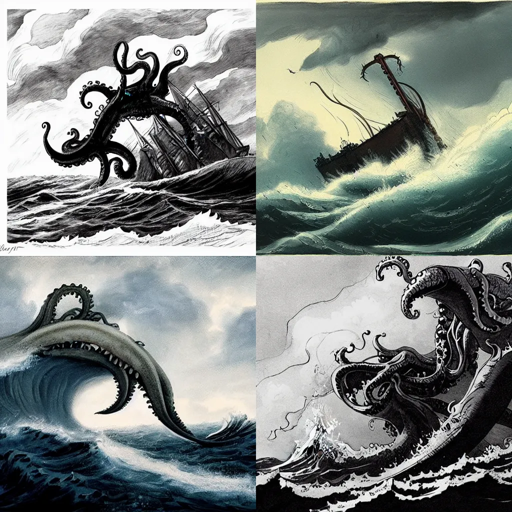 Prompt: in the style of Abigail Larson, kraken attacking a large ship, crew panicking, rough waters, overcast, large waves, stormy seas