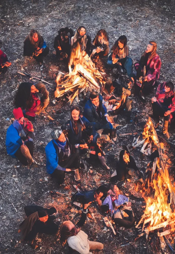 Prompt: realistic tribe gather around a bonfire with a pregnant woman as her leader, intense blue eyes, sharp, photography, antartic night, aerial race