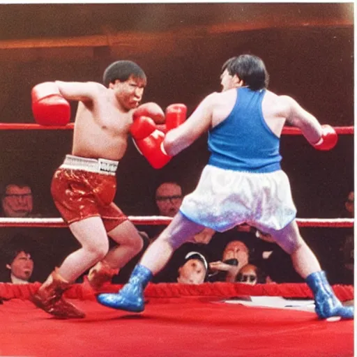 Prompt: “Orangutans in a boxing match, one with blue gloves and the other with red gloves, 1980’s camera style, 4K UHD image, crowd in the background”