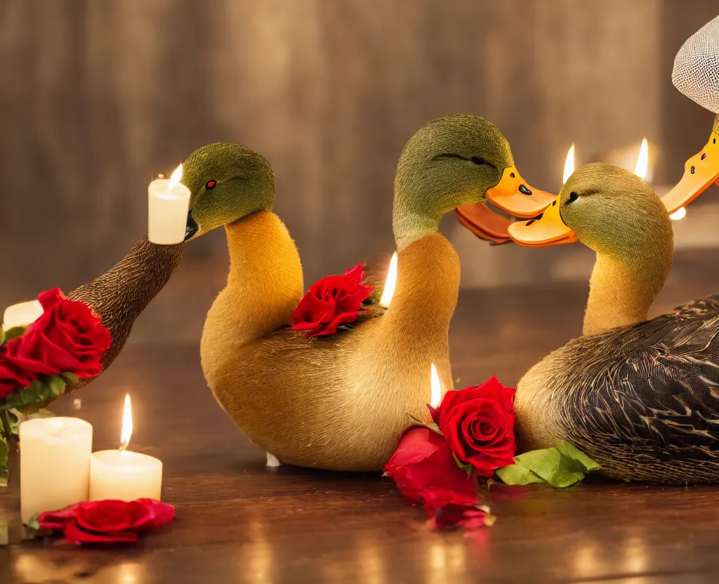 Image similar to two ducks with funny hats on their heads having a romantic dinner with candles champagne petals roses, highly detailed, 8 k ultrahd hd resolution