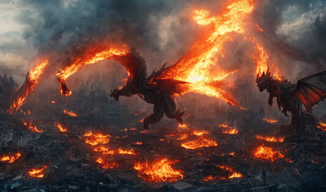 Prompt: just burning memory, huge dragon destroy the city, ultra realistic classic, concept art, intricate details, highly detailed, photorealistic, octane render, 8 k.