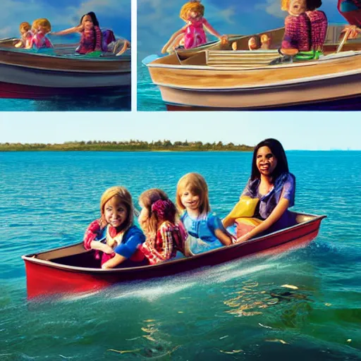 Image similar to the collage depicts a group of well - dressed women and children enjoying a leisurely boat ride on a calm day. the women are chatting and laughing while the children play with a toy boat in the foreground. storybook by patrick brown rendered in unrealengine