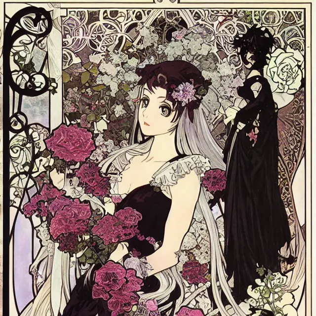 Prompt: gothic lolita and black roses. gouache manga artbook illustration by clamp and alphonse mucha.