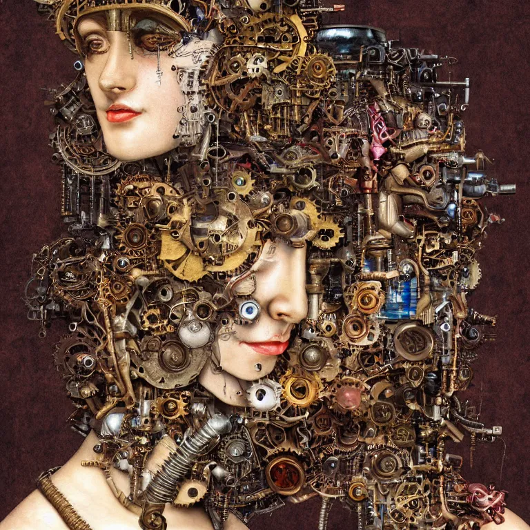 Image similar to profile portrait of a woman, computer parts, mechanical parts, by giuseppe arcimboldo, steampunk, cyberpunk, futuristic, psychedelic, surreal, sci - fi, vaporwave, alien, dreamlike.