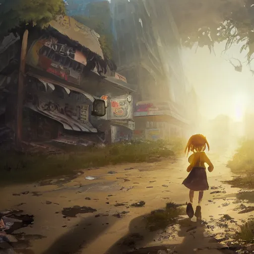 Image similar to incredible wide screenshot, ultrawide, simple watercolor, rough paper texture, made in abyss movie scene, backlit distant shot of girl in a parka running from a giant moster invasion side view, yellow parasol in deserted dusty shinjuku junk town, broken vending machines, bold graphic graffiti, old pawn shop, bright sun bleached ground, mud, fog, dust, windy, scary robot monster lurks in the background, ghost mask, teeth, animatronic, black smoke, pale beige sky, junk tv, texture, dusty, dry, pencil marks, genius party,shinjuku, koji morimoto, katsuya terada, masamune shirow, tatsuyuki tanaka hd, 4k, remaster, dynamic camera angle, deep 3 point perspective, fish eye, dynamic scene