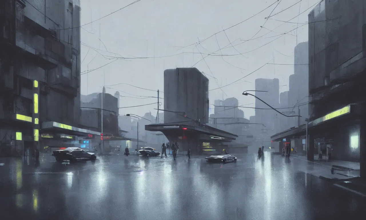 Prompt: high resolution photograph, streetscape, simple brutalist architecture, metal, concrete, wet streets, white neon lights, color neon signs, flying cars, pedestrians, greg rutkowski, syd mead, ralph mcquarrie, concept art, matte painting, finely detailed, minimal artifacts, rule of thirds, dynamic lighting, cinematic, denoised, centered, artstation