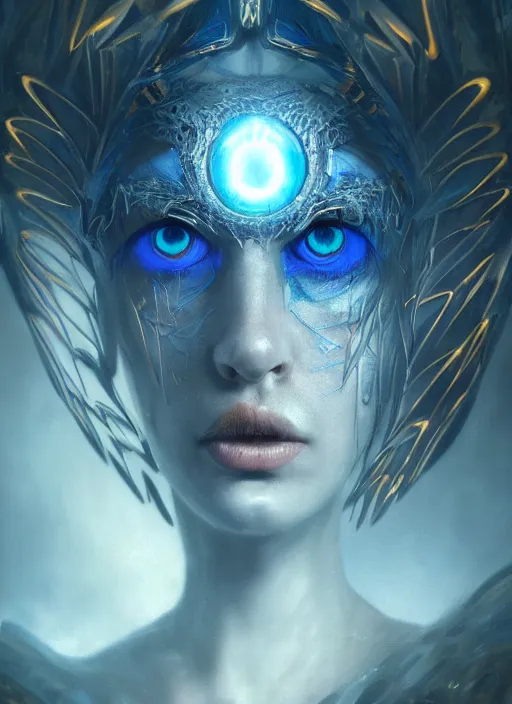 Image similar to Her huge ominous glowing blue eyes staring into my soul , perfect digital eyes, WLOP, Tomasz strzalkowski, 8k portrait render, raven angel wings, cyberpunk, beautiful lighting, dark fantasy art, rococo, gold filigree, cgsociety