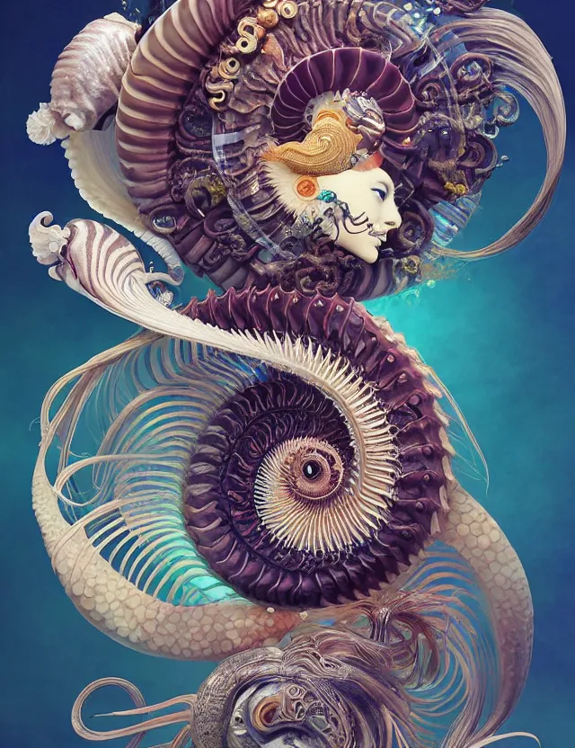 Image similar to 3 d goddess nautilus half - turn portrait with long hair with ram skull. beautiful intricately detailed japanese crow kitsune mask and clasical japanese kimono. betta fish, jellyfish phoenix, bio luminescent, plasma, ice, water, wind, creature, artwork by tooth wu and wlop and beeple and greg rutkowski