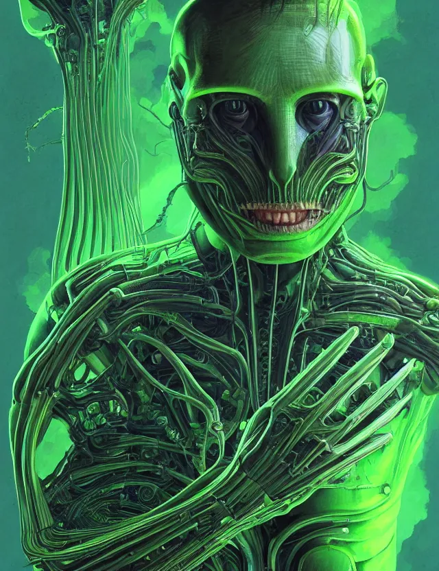 Image similar to a portrait of elon musk with green skin and mechanical gills, by moebius and tyler edlin and hr giger, trending on artstation, digital art, 4 k resolution, detailed, high quality, sharp focus, hq artwork, coherent, insane detail, concept art