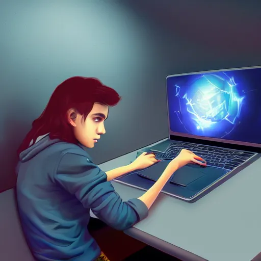 Image similar to realistic teenager using laptop in super tech room, artstation trends, concept art, highly detailed, intricate, sharp focus, digital art, 8 k