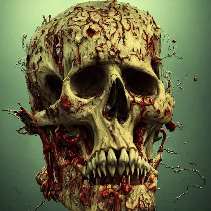 Image similar to portrait of a melting skull. razor sharp teeth. infected with zombie fungus. intricate abstract. intricate artwork. nightmare fuel. by Tooth Wu, wlop, beeple, dan mumford. octane render, trending on artstation, greg rutkowski very coherent symmetrical artwork. cinematic, hyper realism, high detail, octane render, 8k, iridescent accents