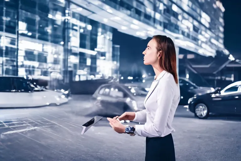 Image similar to cctv footage of a business woman making a deal in a parking lot at night, hd security video, 4 k