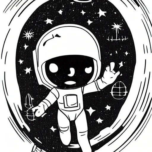 Prompt: clean simple line art of a little girl with short wavy curly hair floating in space. she is an astronaut, wearing a space suit. white background. well composed, clean black and white line drawing, beautiful detailed face. illustration by charlie adlard and steve ditko