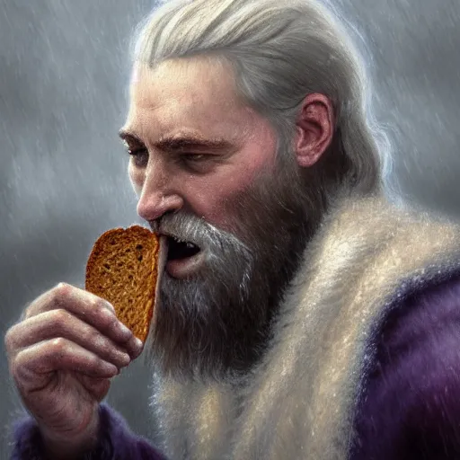 Prompt: epic portrait An viking eating loaf of bread during winter, blizzardy, beauty, pretty face, glossy skin, beard, digital painting, artstation, concept art, soft light, hdri, smooth, sharp focus, illustration, fantasy, intricate, elegant, highly detailed, D&D, matte painting, in the style of Greg Rutkowski and Alphonse Mucha and artemisia, 8k, highly detailed, jurgens, rutkowski, bouguereau, pastoral, rustic, georgic