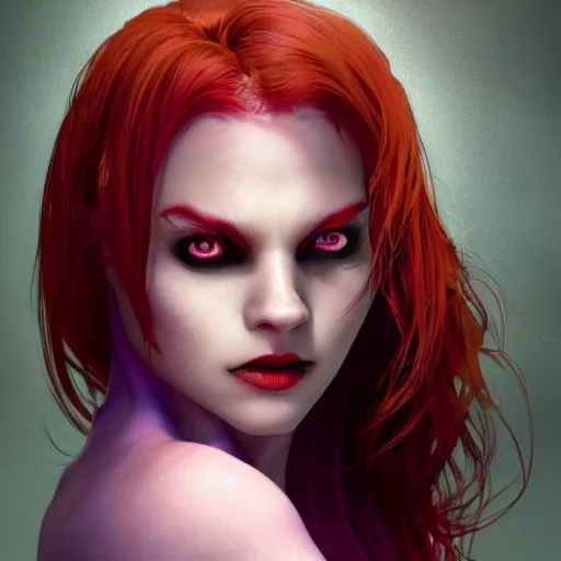 Image similar to redhead vampire sorceress, perfect face viewed in profile, bright glowing purple and red eyes, gold shirt, cinematic, floating ash, stunning, highly detailed, artstation, smooth, hard focus, concept art, art by artgerm and greg rutkowski and alphonse mucha, volumetric lighting, octane render, 4 k resolution, trending on artstation, masterpiece