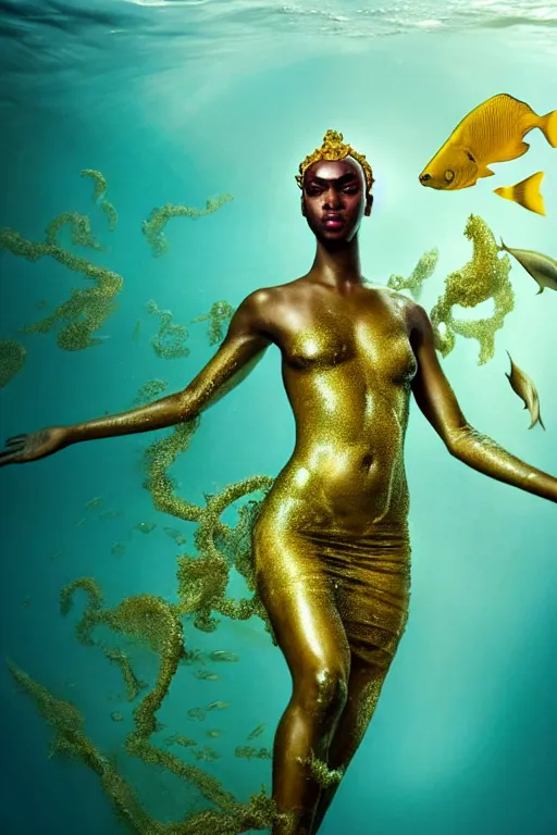 Prompt: hyperrealistic metamodern cinematic half underwater scene with fish and algae, very expressive! translucent elegant african goddess getting out of water, gold jewerly, highly detailed face, digital art masterpiece, aykut aydogdu zener, dramatic volumetric light, long shot, low angle uhd 8 k, sharp focus