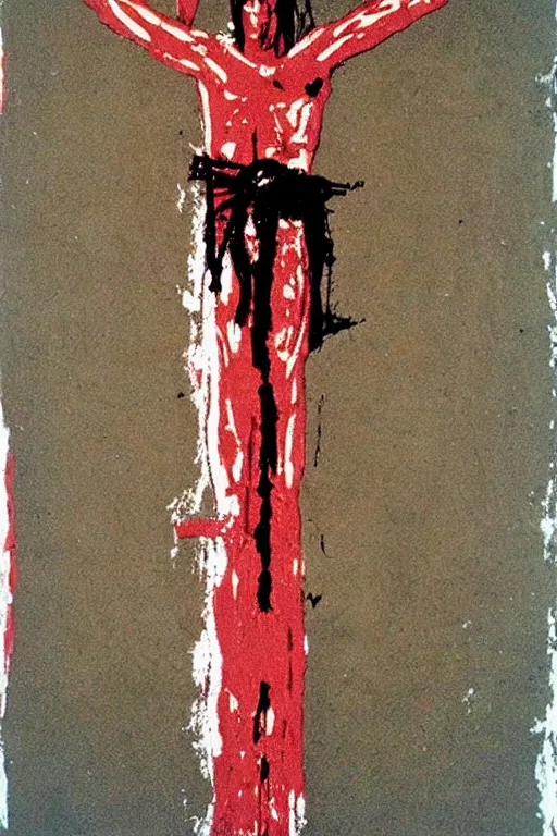 Image similar to bloody christ crucified on a very big mushroom painted in by cy twombly and andy warhol