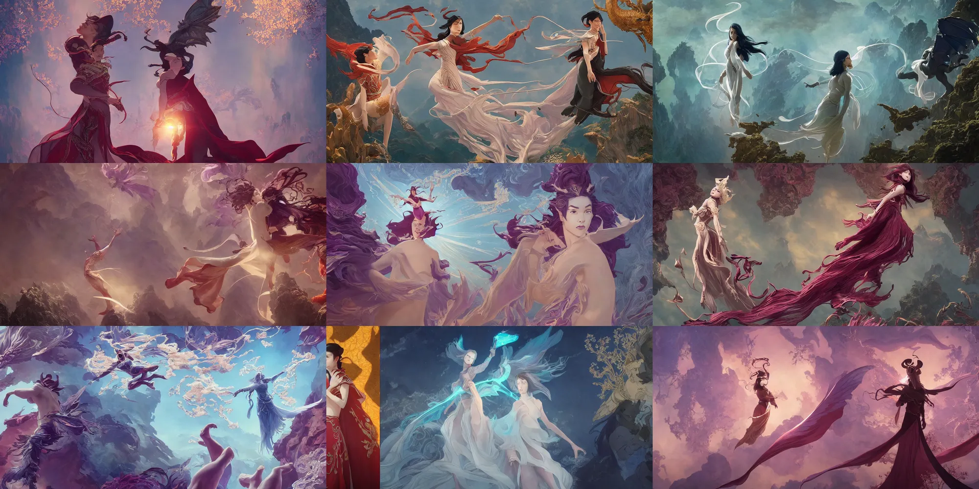 Prompt: Cinematic stills from the Netflix original series Arcane and Dragon Prince crossover, full-body, bloom, dynamic poses, diaphanous cloth, intricate crystalline and feather jewelry, ornate, filigree, arcane, cinematic lighting, by WLOP!!, by Fenghua Zhong!!!!!!!!!!, Maxfield Parrish!!!!, portfolio illustration, highly detailed, trending on Artstation, CGsociety, HQ, 8k, 35mm lens, f2.8, Bokeh,