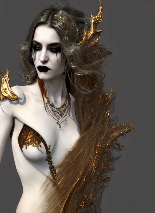 Prompt: beauteous gothic vampire, practical sumptuous white pearlescent with gold, copper, bronze, iridescent titanium, cinematic forest lighting, lifelike incredible long shimmering flowing hair, crystalline masterpiece incrustations, hyperdetailed face, elegant pose, specular highlights, intricate, octane render, unreal engine,