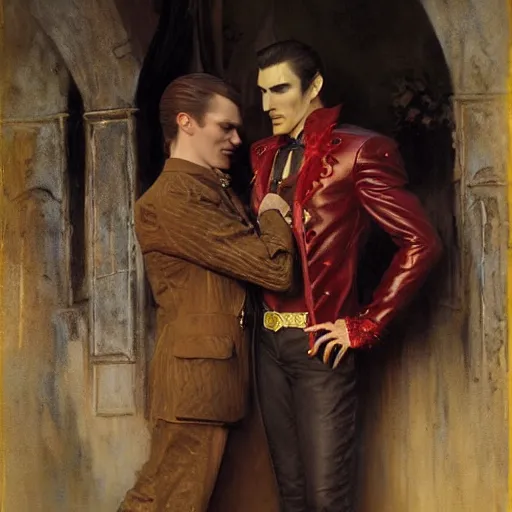 Image similar to attractive male, arthur pendragon confesses his love to attractive male dracula the vampire. highly detailed painting by gaston bussiere, craig mullins, j. c. leyendecker 8 k