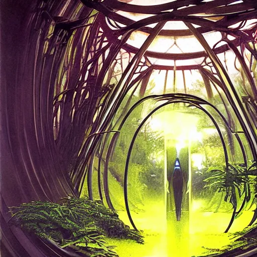 Image similar to portal in a middle of a lush futuristic forest, alien world seen through a portal, syd mead, john harris