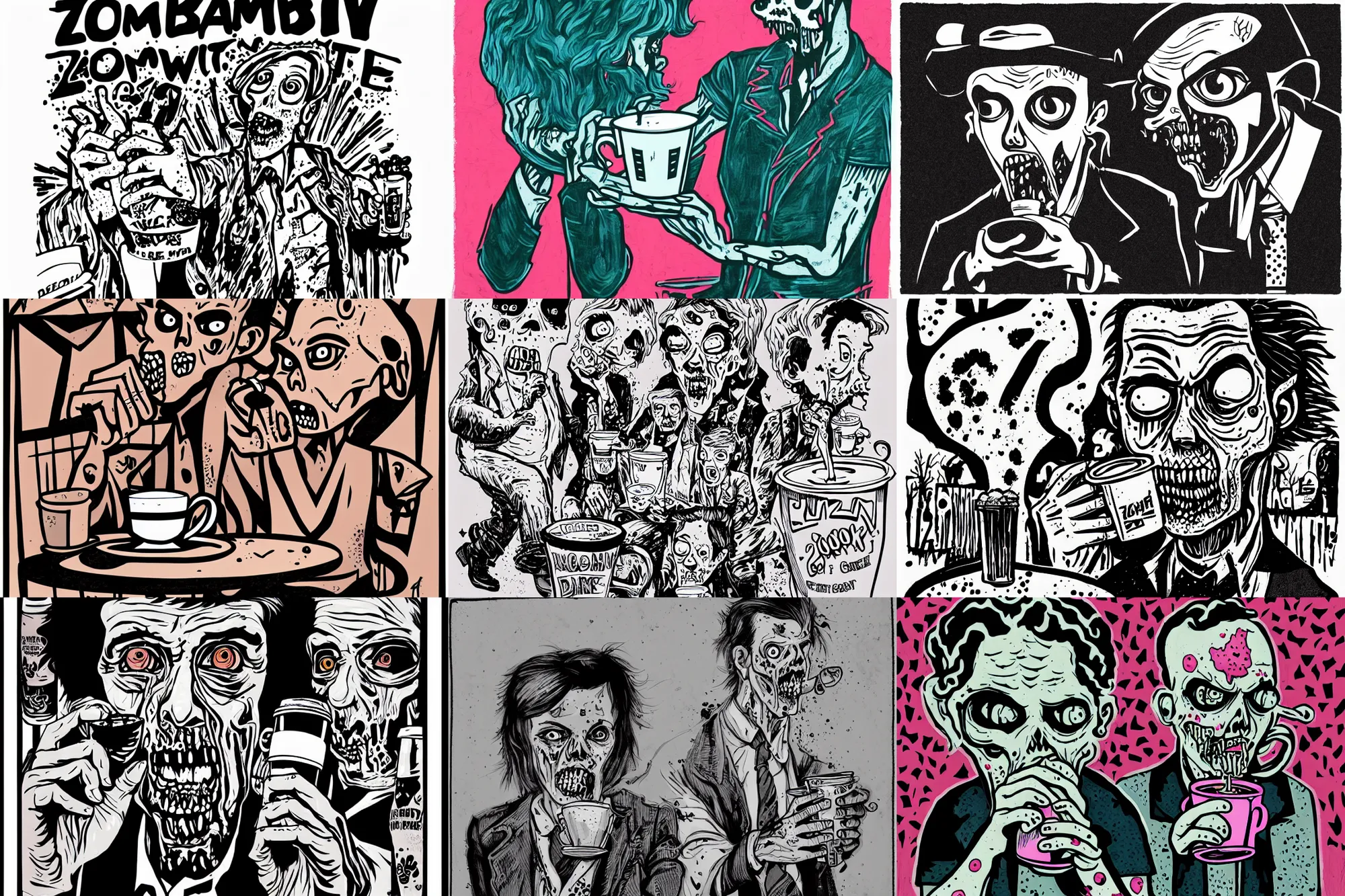 Prompt: zombie drinking take away coffee , portrait by mcbess, pink and blue