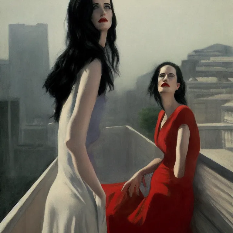 Image similar to Eva Green on a roof, fog, early morning, , painted by Edward Hopper, painted by Wayne Barlow, airbrush