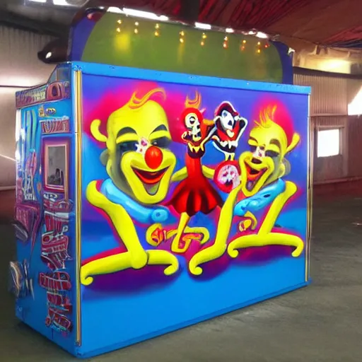 Prompt: dancing laughing clowns, fairground airbrush art on fairground equipment