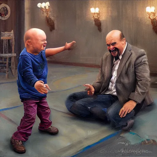 Prompt: highly detailed oil painting, concept art, dr phil laughing while kicking a sitting kid in the face, concept art, highly detailed