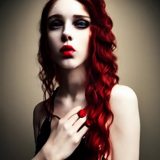 Image similar to beautiful necromancer girl with red wavy hair and piecing eyes, soft flawless pale skin, wearing a black crop top photography dramatic dark lighting, hyperrealistic