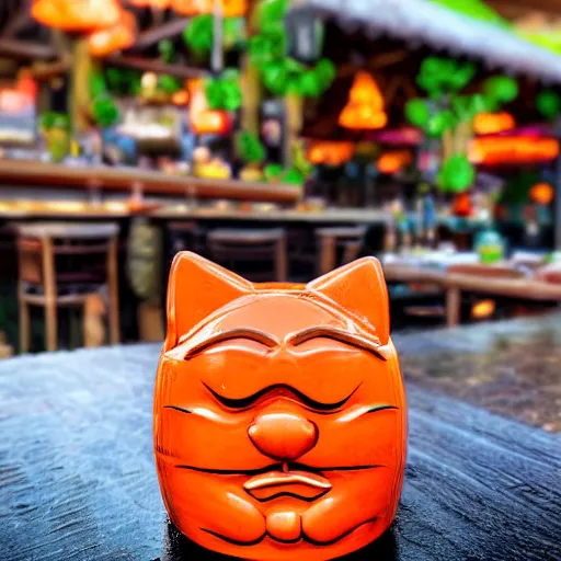 Image similar to a closeup photorealistic photograph of a glossy orange cat garfield style tiki mug sitting at a trader vic's beach bar featuring garfield's face. tiki theme. bright scene. fine detail. this 4 k hd image is trending on artstation, featured on behance, well - rendered, extra crisp, features intricate detail, epic composition and the style of unreal engine.