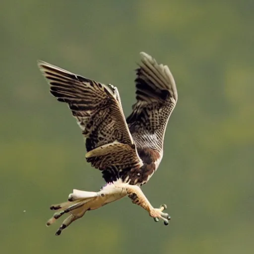 Image similar to falcon with the face of a frog flying in the sky with clouds