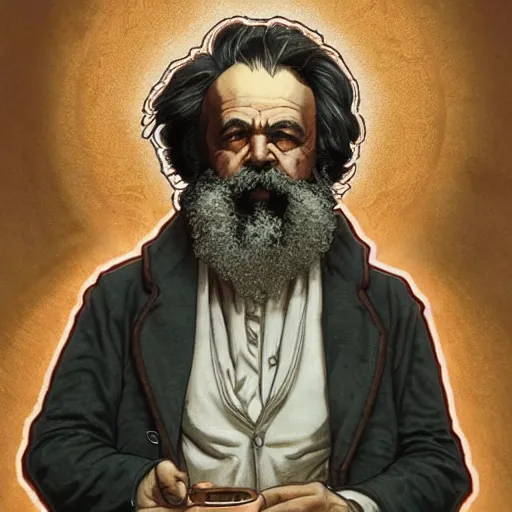 Image similar to Karl Marx pondering his orb, highly detailed, digital painting, artstation, concept art, smooth, sharp focus, illustration, art by todd lockwood and magalie villeneuve and alan lee and artgerm and greg rutkowski and alphonse mucha