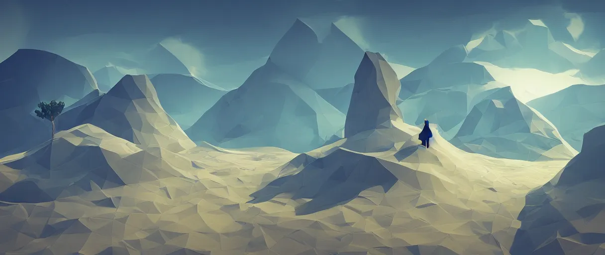 Prompt: 3 d render, digital art, low poly art, minimalist, journey thatgamecompany, lowpoly landscape, intricate detail, whimsical, unreal engine, dreamy, brush strokes, bounce light, sunny, complementary palette, redsinski