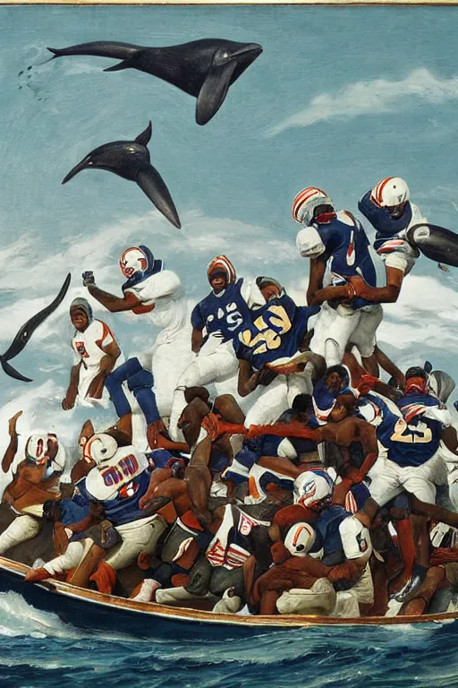 Image similar to whaling boat filled with nfl football players in helmets and pads, football helmets, american school, whaling painting, robert wyland