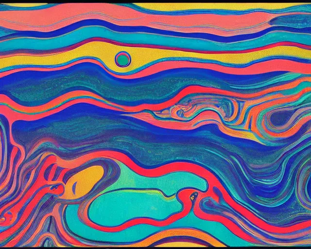 Prompt: Ocean waves in a psychedelic dream world. DMT. Curving rivers. Craggy mountains. Modernist landscape painting. Edvard Munch. David Hockney. Takashi Murakami. Minimalist.