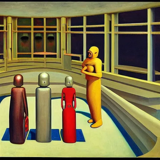 Prompt: human workers being reprogrammed at a mind control center, robot guards, human subjugation, arena, rotunda, brutalist, grant wood, pj crook, edward hopper, oil on canvas