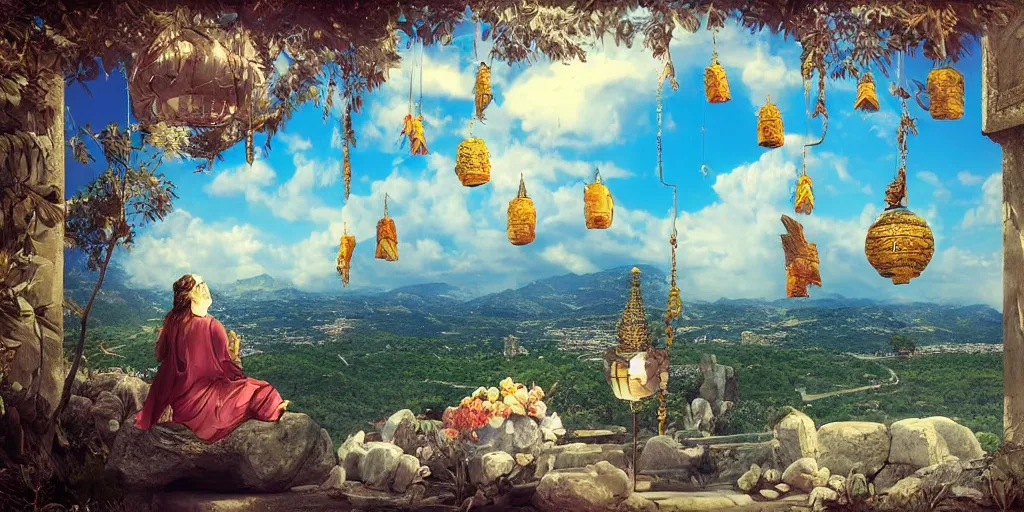 Prompt: wind god enjoying the view from his stone heavenly palace, decorated with windchimes and paper lanterns, nature, clouds and other palaces in background, digital art