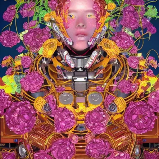 Image similar to colourful vfx art - portrait of army mecha robot wrapped in flowers & vines, art by utagawa kunisada & james jean, volumetric light, ray tracing, sharp, detailed, digital painting, illustration, highly detailed, intricate detail, unreal engine, octane render, global light, pinterest, behance, art station,