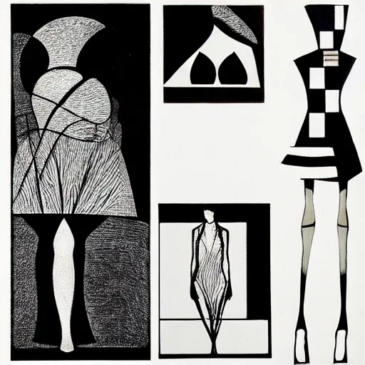 Image similar to fashion design, white background, black and white, woodcut, beardsley, aubrey, crepax, guido, moholy - nagy, laszlo, bauhaus, walter gropius, josef albers, oskar schlemmer